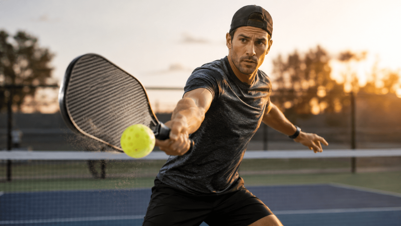 Pickleball player using a carbon fiber paddle during an outdoor match