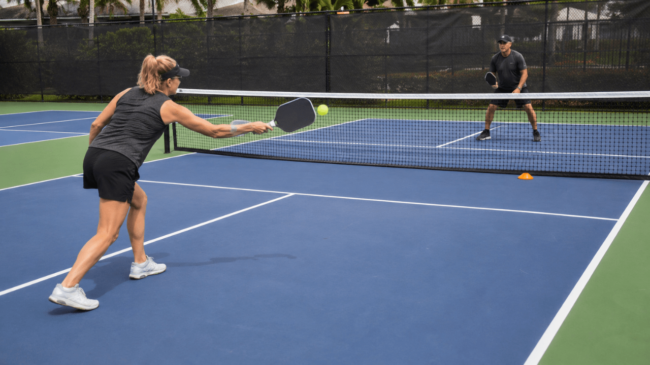 Pickleball players practicing cross-court dink drill