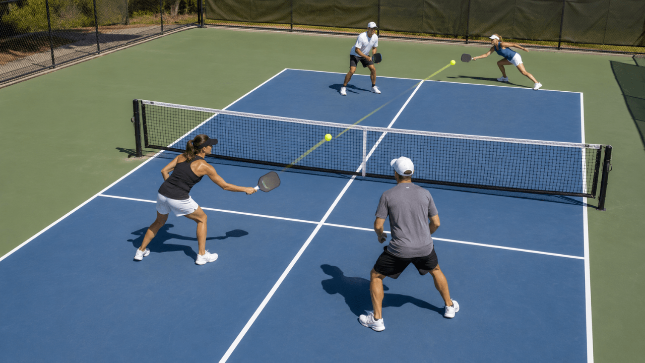 Cross-court pickleball dink pulling opponent wide