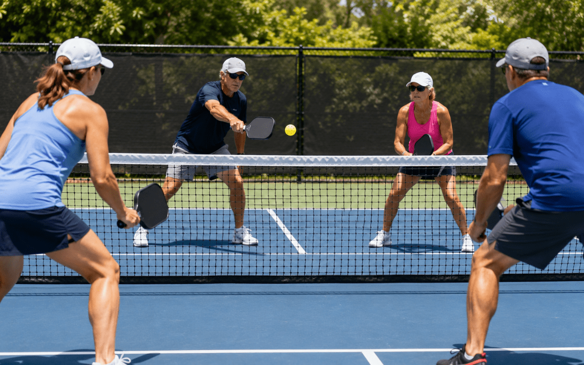 Pickleball players practicing dink shots at the kitchen line