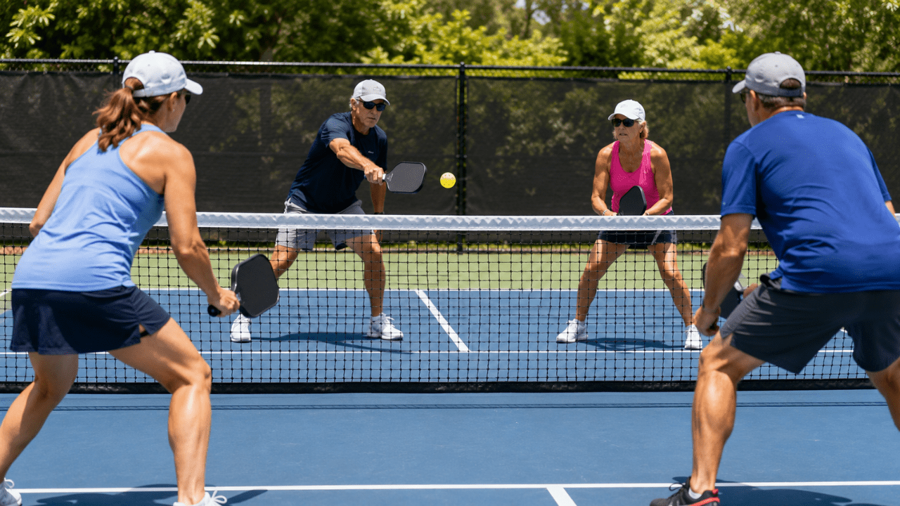 Pickleball players practicing dink shots at the kitchen line